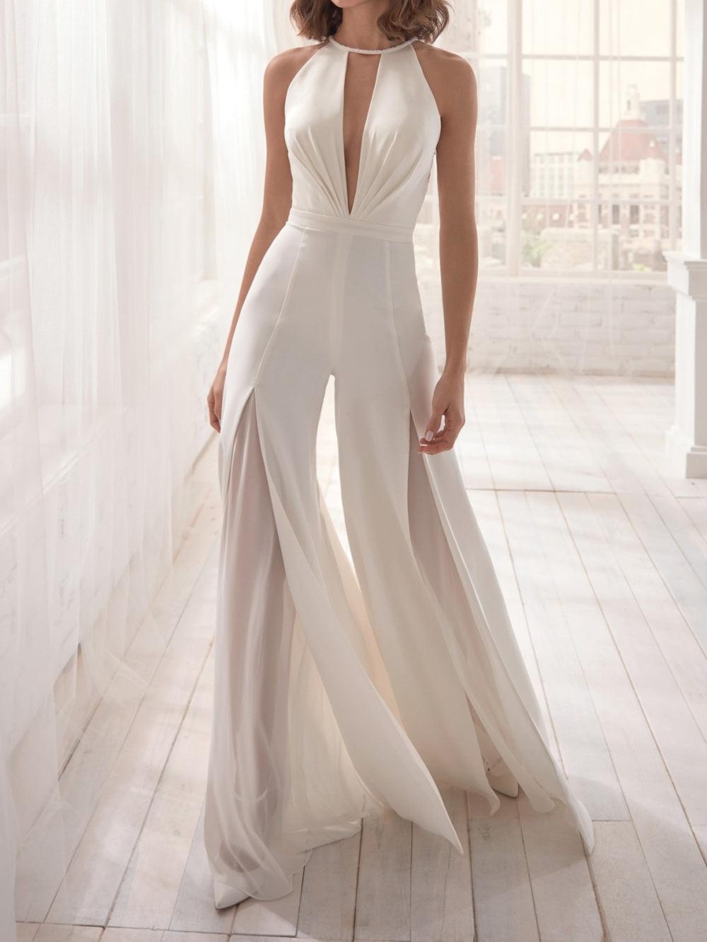 White V-neck halter jumpsuit