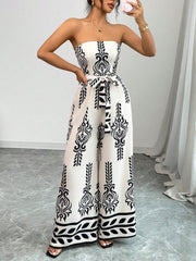 Printed wide-leg slim-fit lace-up jumpsuit
