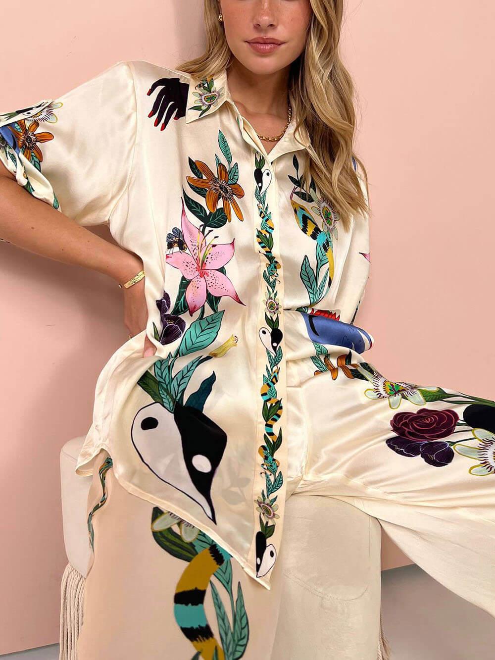 Modern Sophisticated Feel Satin Unique Print Button Down Oversized Blouse Set