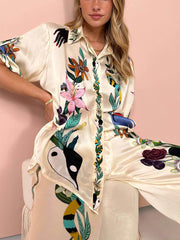 Modern Sophisticated Feel Satin Unique Print Button Down Oversized Blouse Set