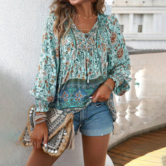 Holiday-style rayon printed lace-up long-sleeved shirt