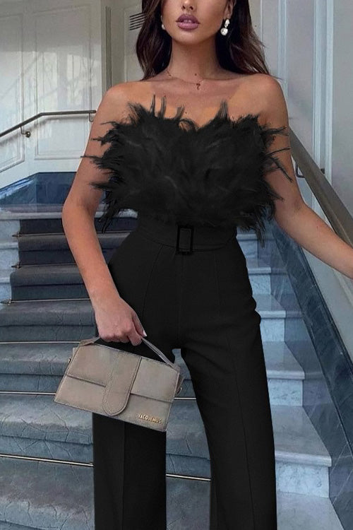 Feather Sexy Off Shoulder Sleeveless Slim Jumpsuit