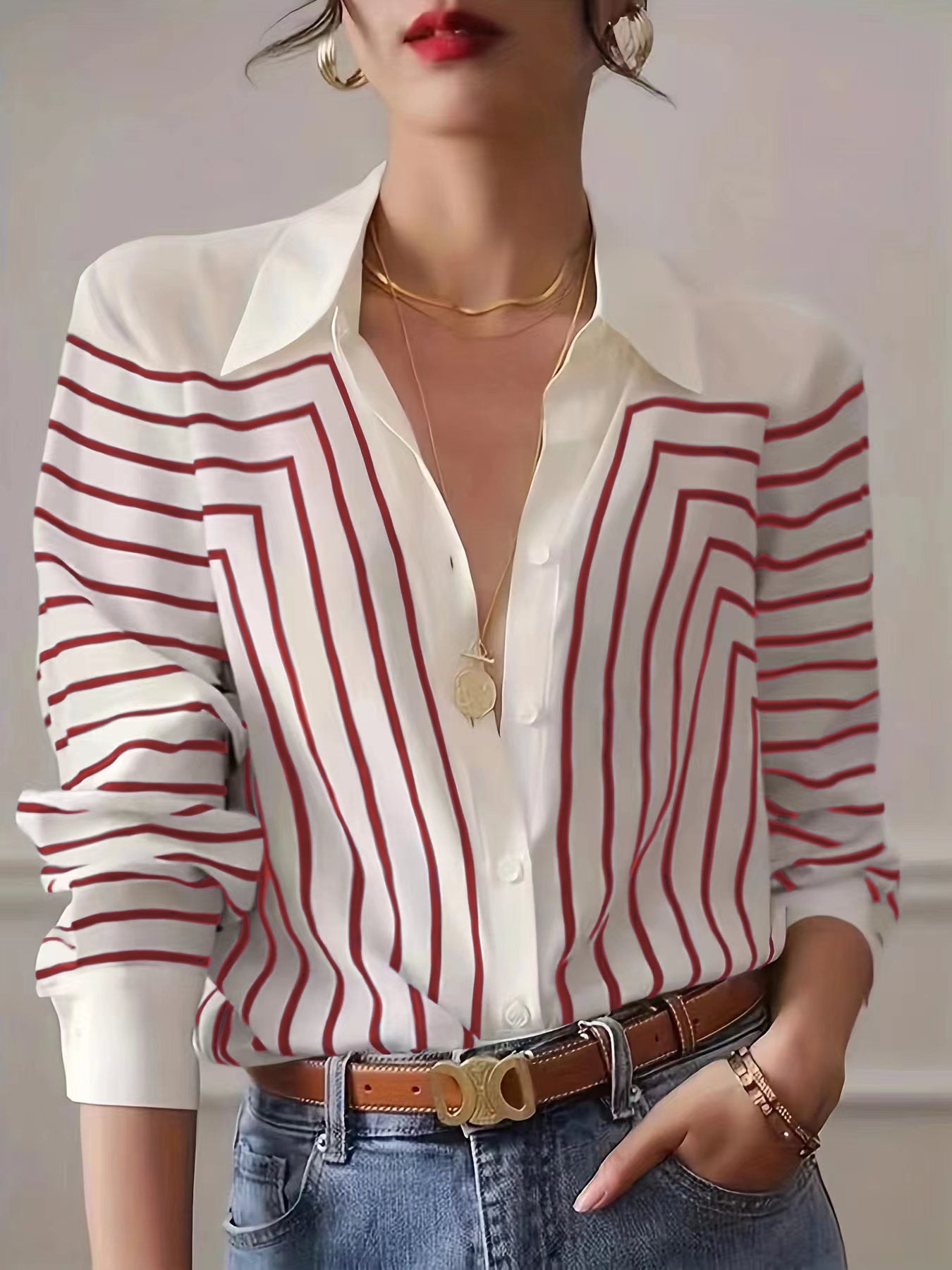 Autumn women's striped long-sleeved shirt
