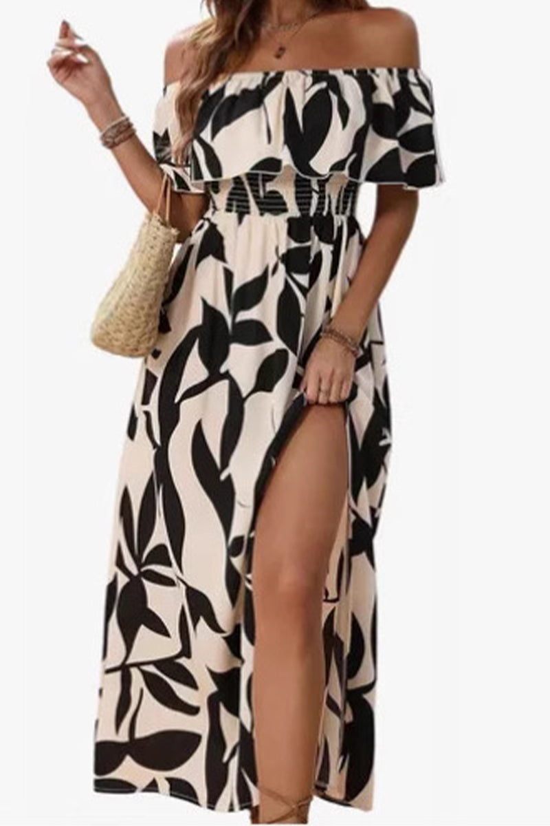Ladies' One Collar Printed Slit Casual Dress