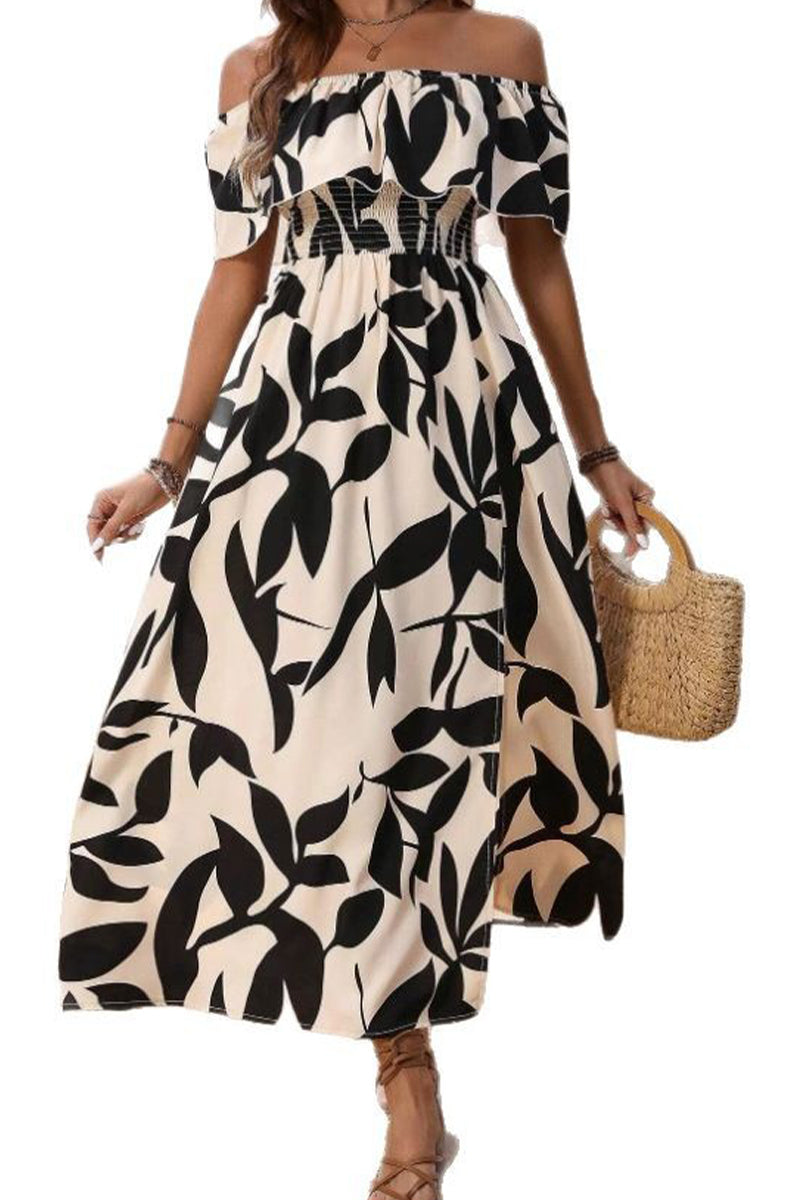 Ladies' One Collar Printed Slit Casual Dress