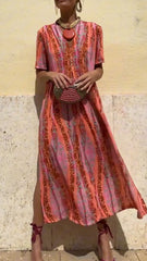 Ladies' V-neck Vertical Print Slit Casual Dress