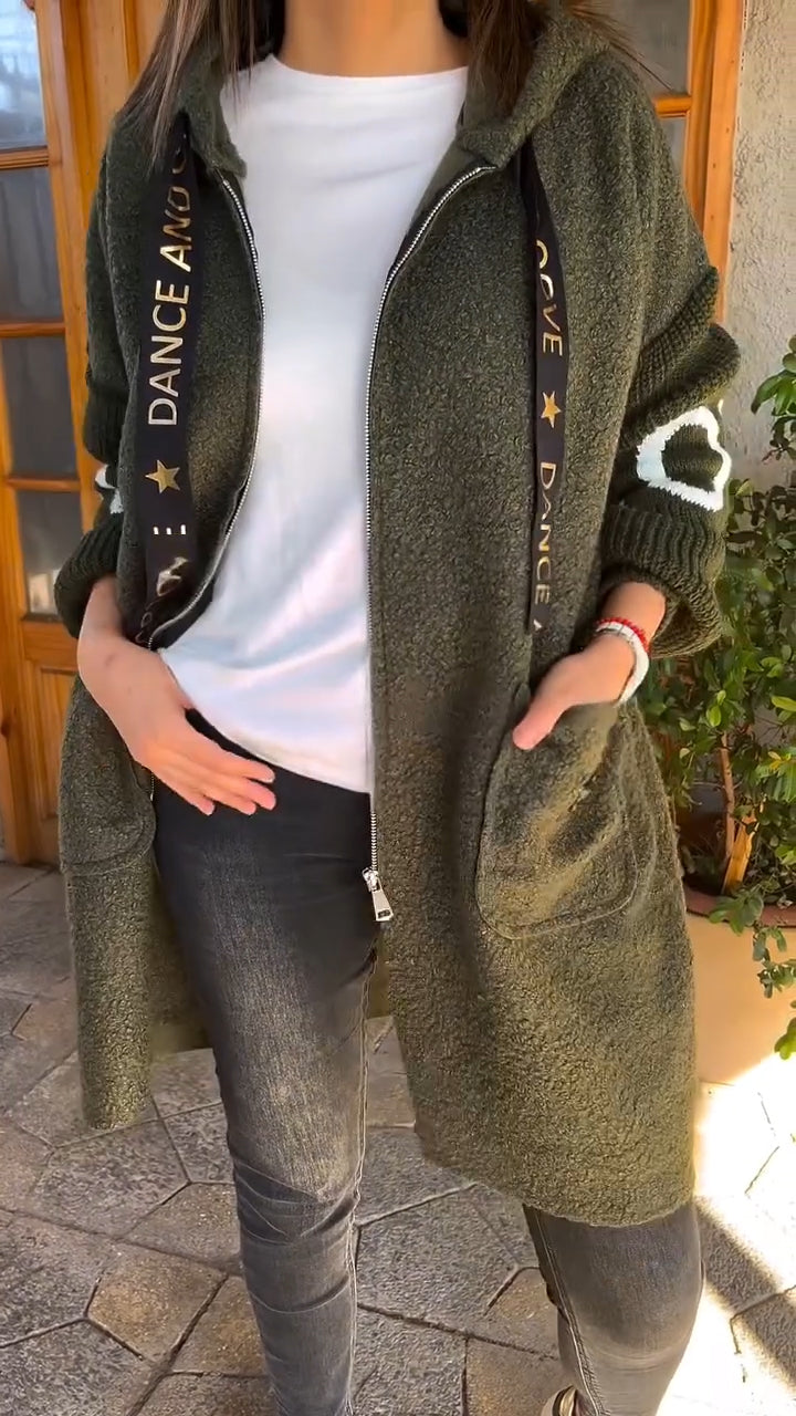 Ladies Round Neck Hooded Drawstring Casual Coat