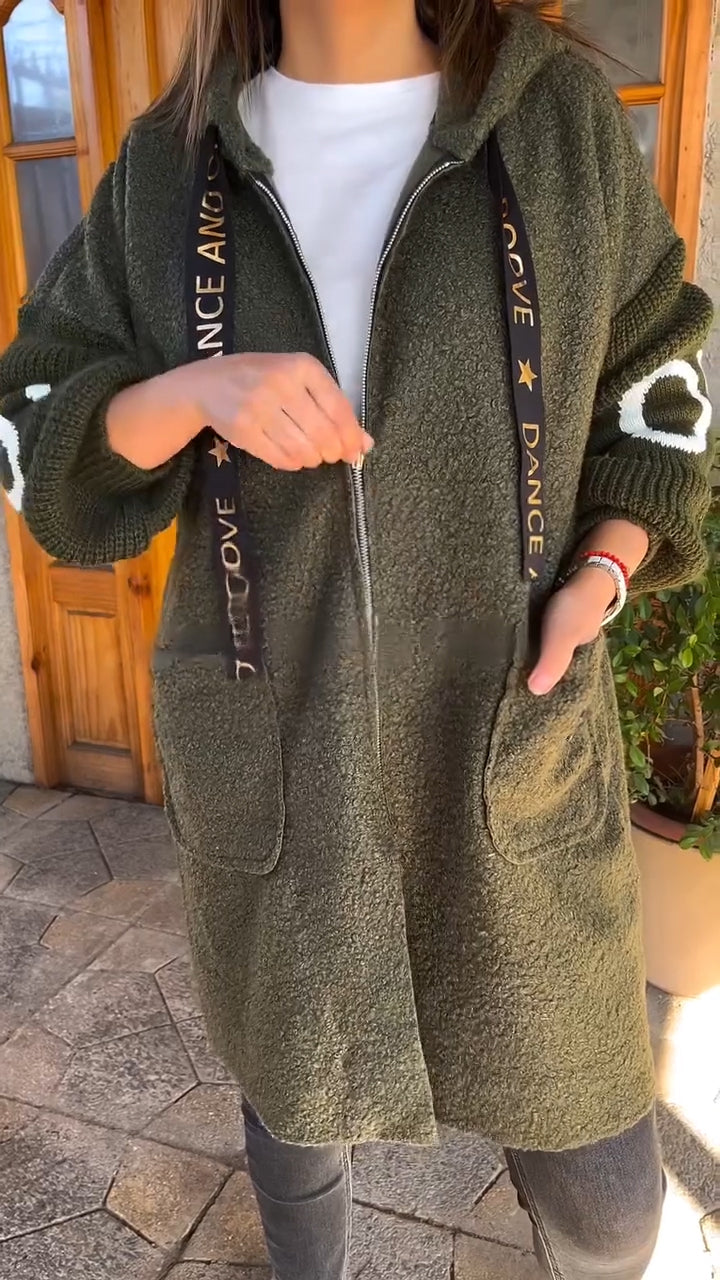 Ladies Round Neck Hooded Drawstring Casual Coat