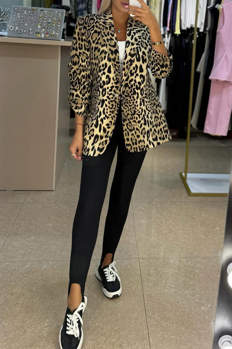 Womens Lapel Leopard Print Casual Jacket