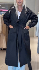 Women Lapel Waist-closing Solid Color Casual Coat