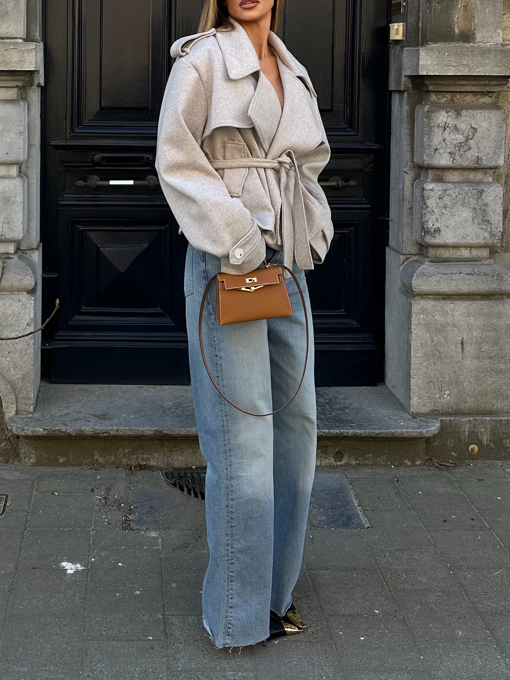 Classic Oversized Lapel Belted Short Jacket