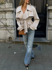 Classic Oversized Lapel Belted Short Jacket