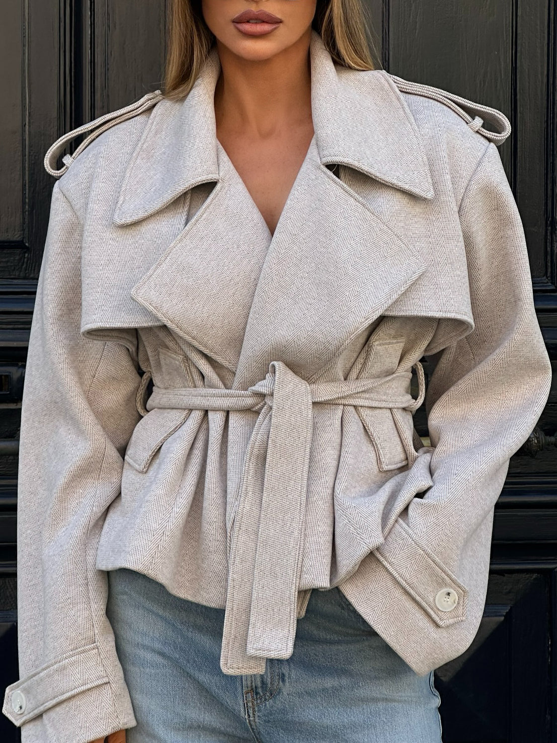 Classic Oversized Lapel Belted Short Jacket