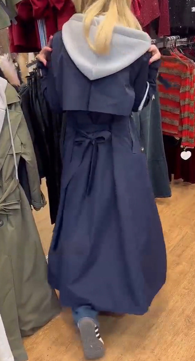 Women's Hooded Lapel Fake Two-piece Casual Long Trench Coat