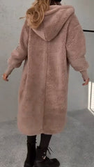 Women's Hooded Button-down Knitted Long-sleeved Fur Warm Coat