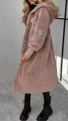 Women's Hooded Button-down Knitted Long-sleeved Fur Warm Coat