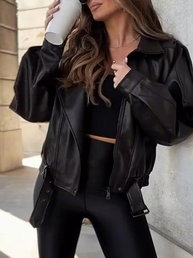 Women Lapel Leather Temperament Casual Jacket