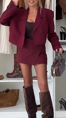 Women Lapel Jacket + Skirt Solid Color Temperament Casual Suit