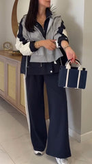 Women Lapel Stitching Fake Two-piece Jacket + Pants Casual Suit