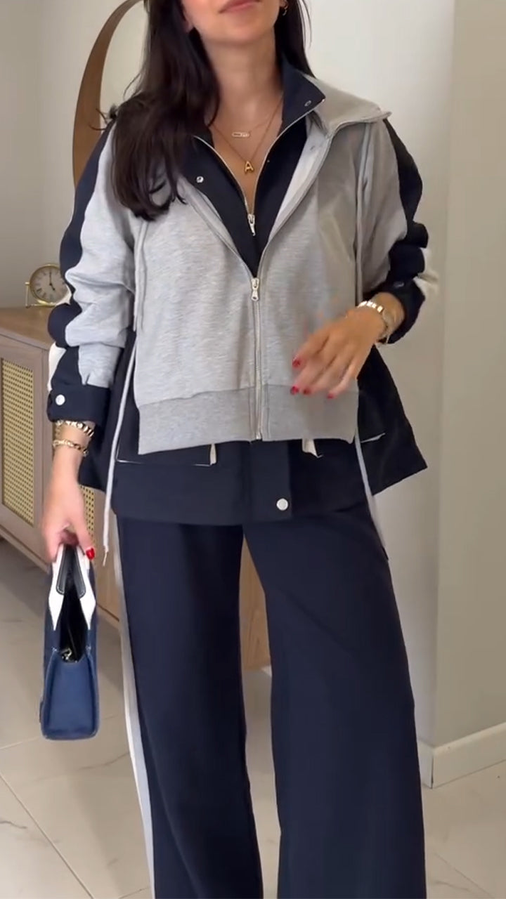 Women Lapel Stitching Fake Two-piece Jacket + Pants Casual Suit