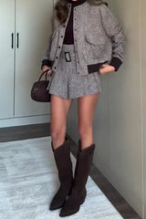 Women Elegant Round Neck Contrast Textured Jacket + Shorts Suit