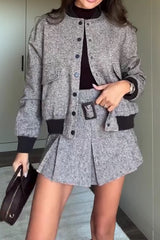 Women Elegant Round Neck Contrast Textured Jacket + Shorts Suit