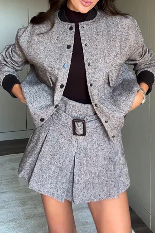 Women Elegant Round Neck Contrast Textured Jacket + Shorts Suit