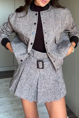 Women Elegant Round Neck Contrast Textured Jacket + Shorts Suit