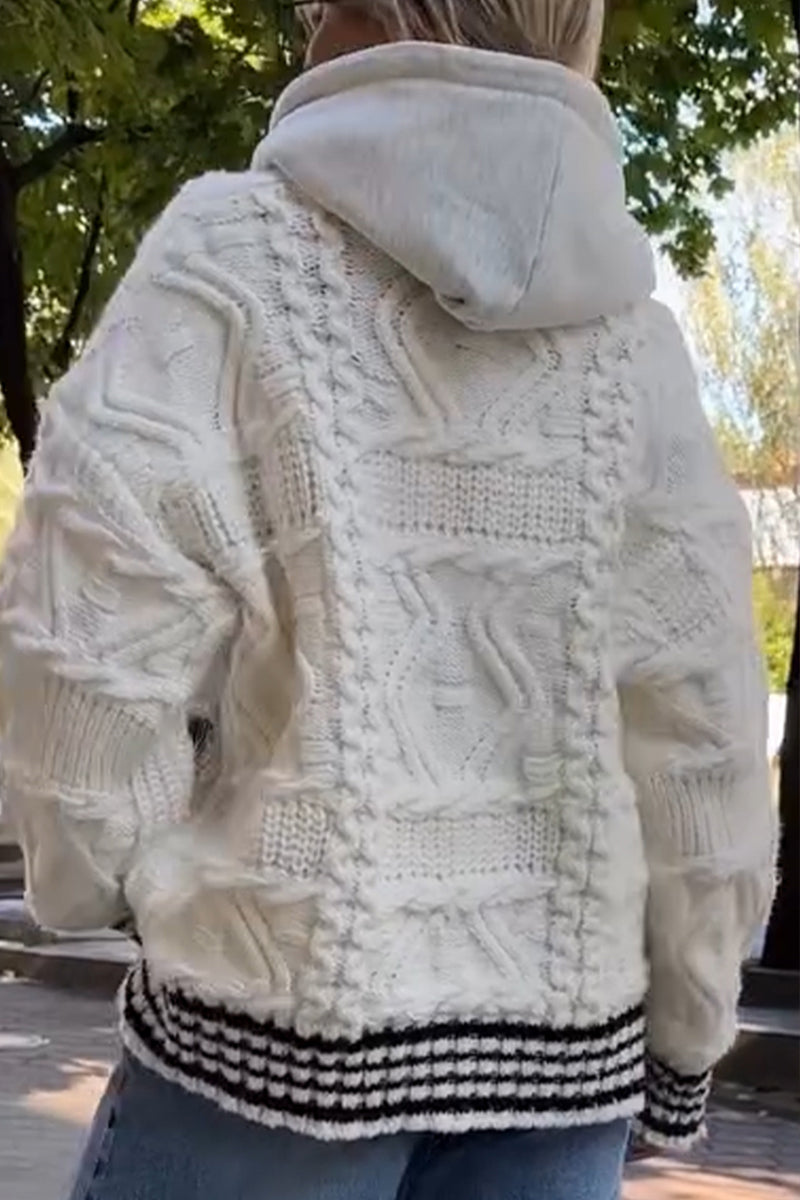 Women Knitted Patchwork Denim Hooded Casual Coat