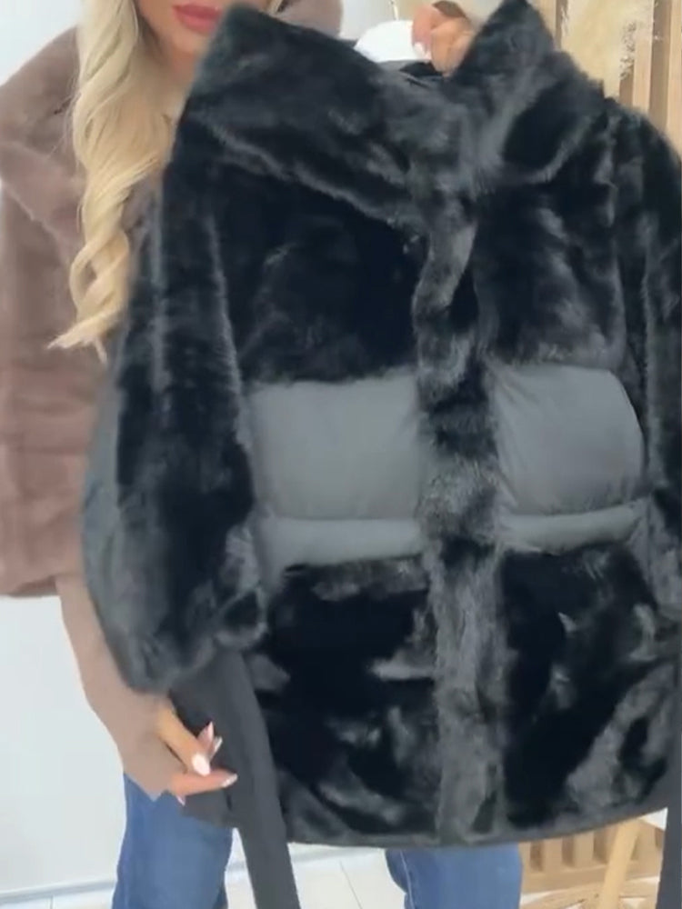 Women Hooded Plush Patchwork Casual Coat