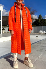 Women Hooded Drawstring Plaid Sleeve Zipper Design Casual Long Coat