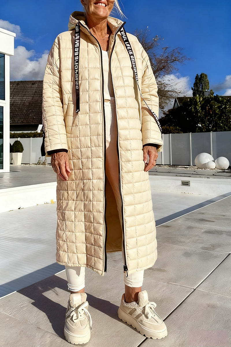 Women Hooded Drawstring Plaid Sleeve Zipper Design Casual Long Coat