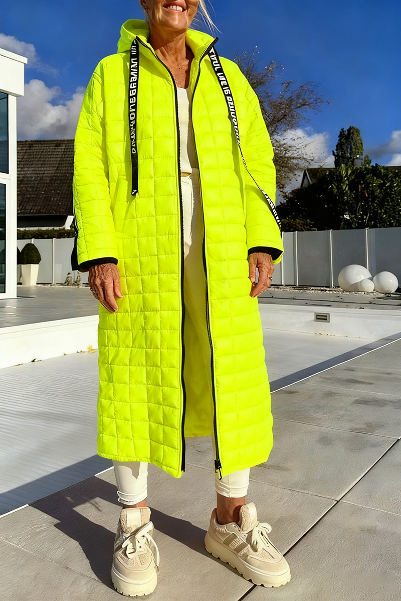 Women Hooded Drawstring Plaid Sleeve Zipper Design Casual Long Coat