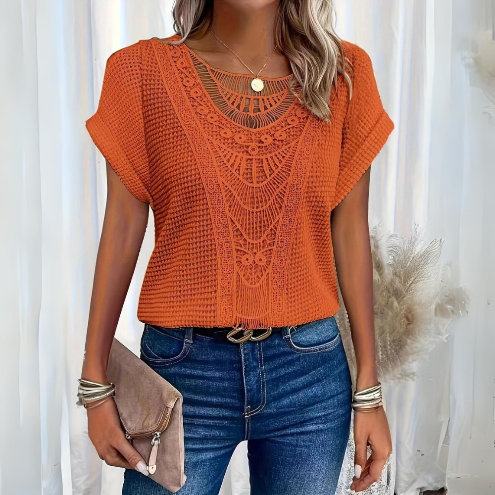 Elegant Lace Patchwork Hollow Short-sleeved Top