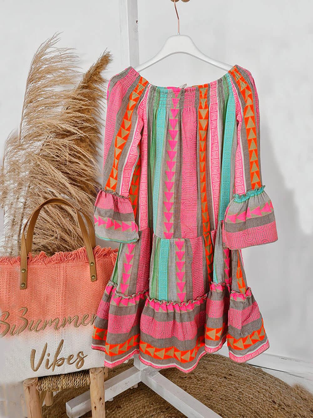 Ethnic Print Linen Blend Off Shoulder Loose Mini Dress