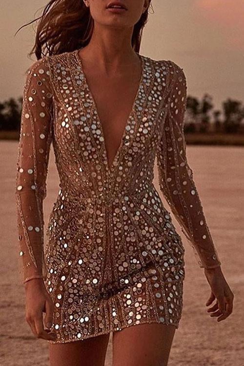 V Neck Sequin Wrap Mini Dress