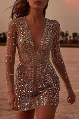 V Neck Sequin Wrap Mini Dress