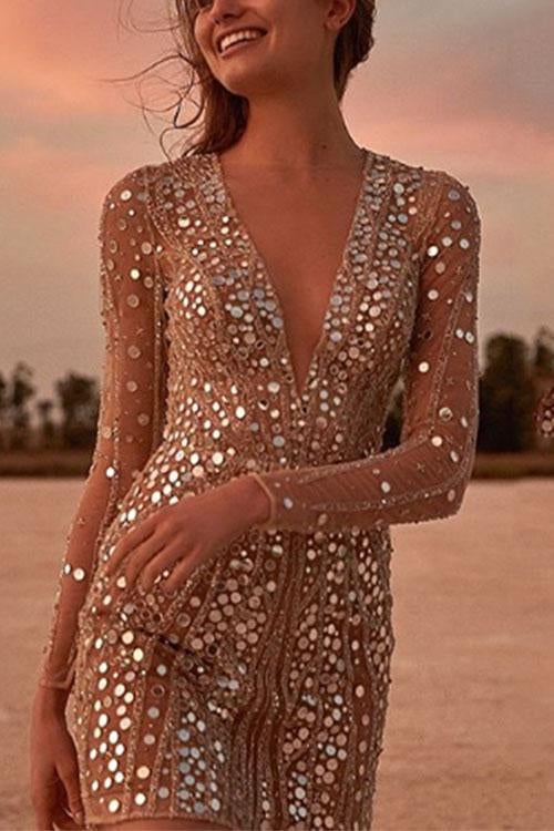 V Neck Sequin Wrap Mini Dress