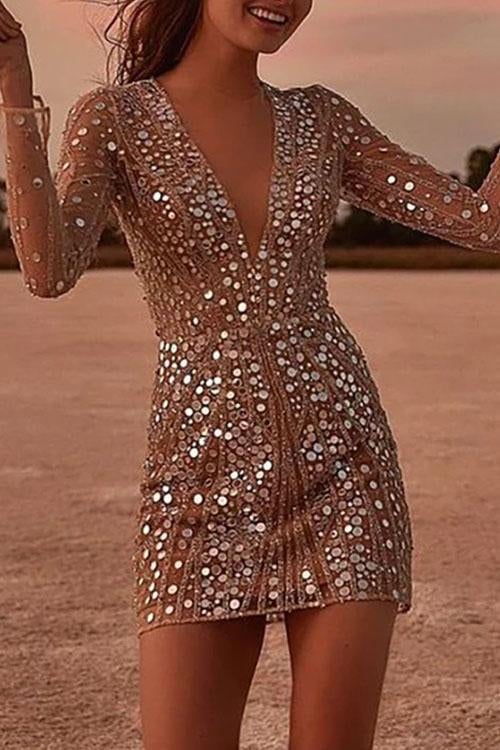 V Neck Sequin Wrap Mini Dress