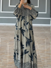 Printed lantern sleeves loose dress