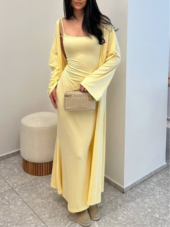 Sleeveless suspender hip dress long cardigan set