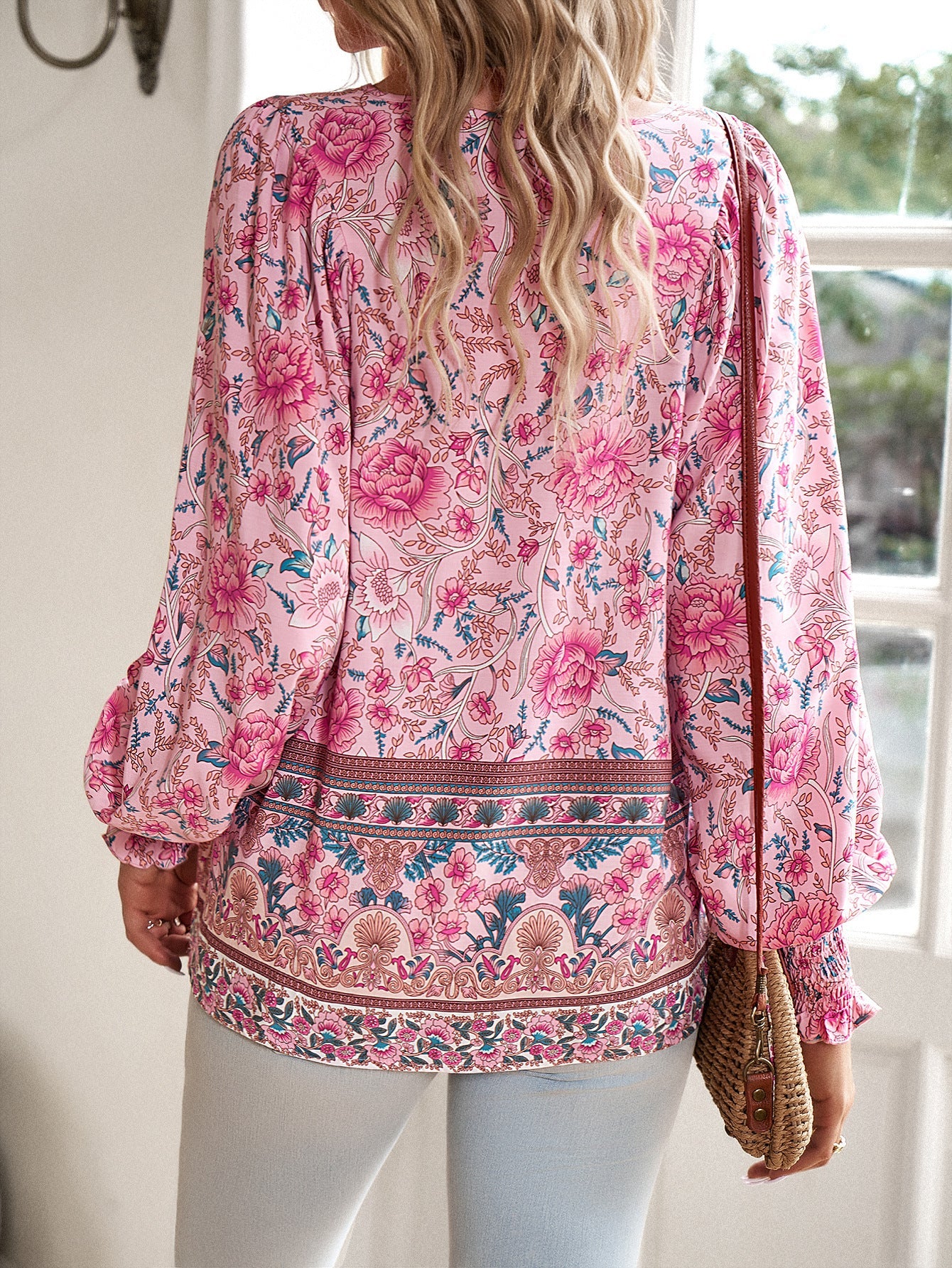 Holiday-style rayon printed lace-up long-sleeved shirt