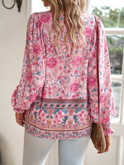 Holiday-style rayon printed lace-up long-sleeved shirt
