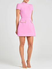 Pink Exquisite And Playful Pearl Trim Pocket Mini Dress