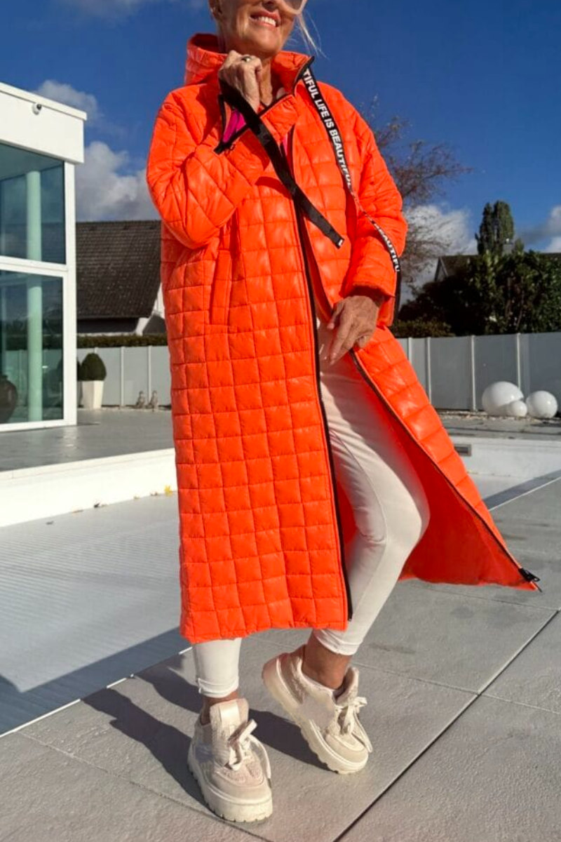 Women Hooded Drawstring Plaid Sleeve Zipper Design Casual Long Coat