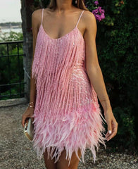 Shimmery Scoop Neck Sequin Fringe Feather Slip Flapper Mini Dress