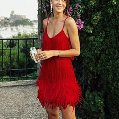 Shimmery Scoop Neck Sequin Fringe Feather Slip Flapper Mini Dress