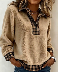 Cozy Faux Sherpa Plaid Top with Contrast Checkered Collar