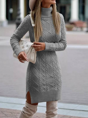 Women Turtleneck Sweater Solid Color Slit Knitted Sweater Dress