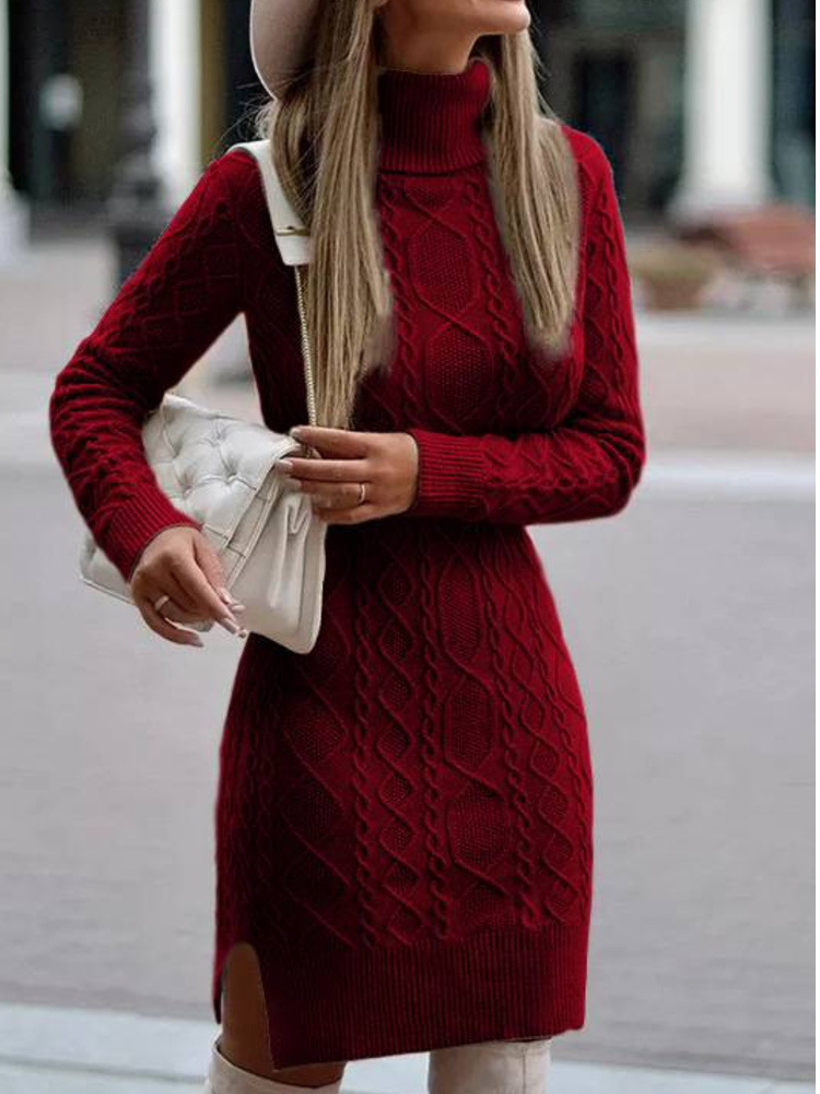 Women Turtleneck Sweater Solid Color Slit Knitted Sweater Dress